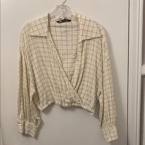 Zara Cream Wrap Crop Blouse with Notched Collar